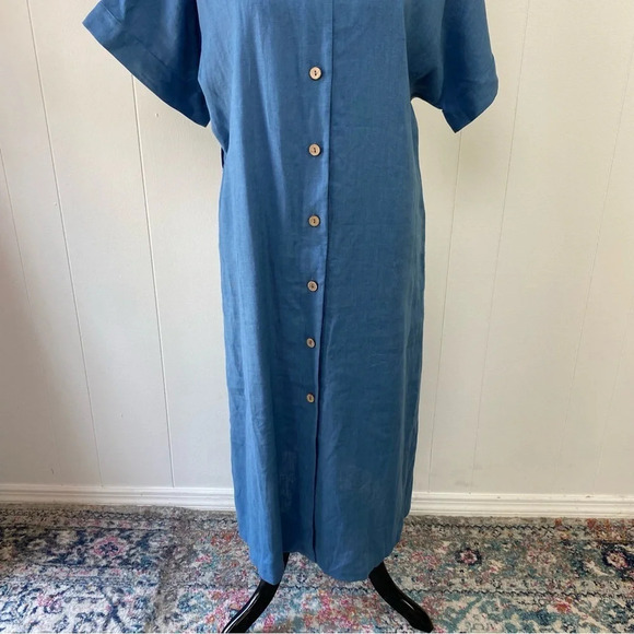 Linen Handmade Studio Blue Dress Button Front V Neck Dolman Sleeves 19” PTP M/L? - Picture 3 of 15